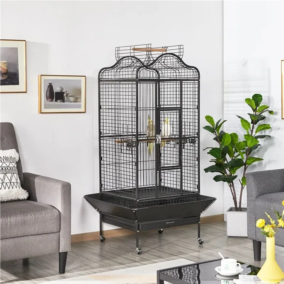 BOXED YAHEETECH 160cm IRON PLAY TOP FLOOR BIRD CAGE WITH WHEELS - BLACK (1 BOX)