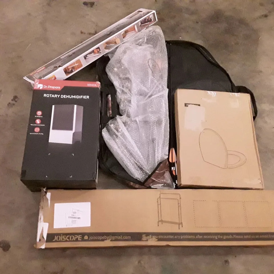 PALLET OF ASSORTED PRODUCTS INCLUDING CLOTHES RACK, TOILET SEAT, ROTARY DEHUMIDIFIER, COMPOUND BOW WITH ARROWS, ECOHEATER