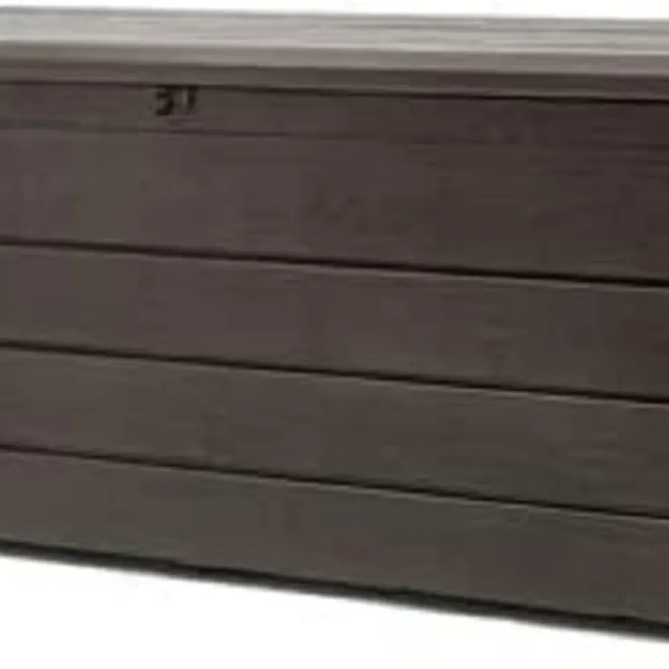 BOXED KETER BRIGHTWOOD CUSHION BOX, STORAGE BOX, 454 LITRE VOLUME, WATERPROOF, TAUPE, WOOD LOOK, 145 X 69.7 X 60.3 CM