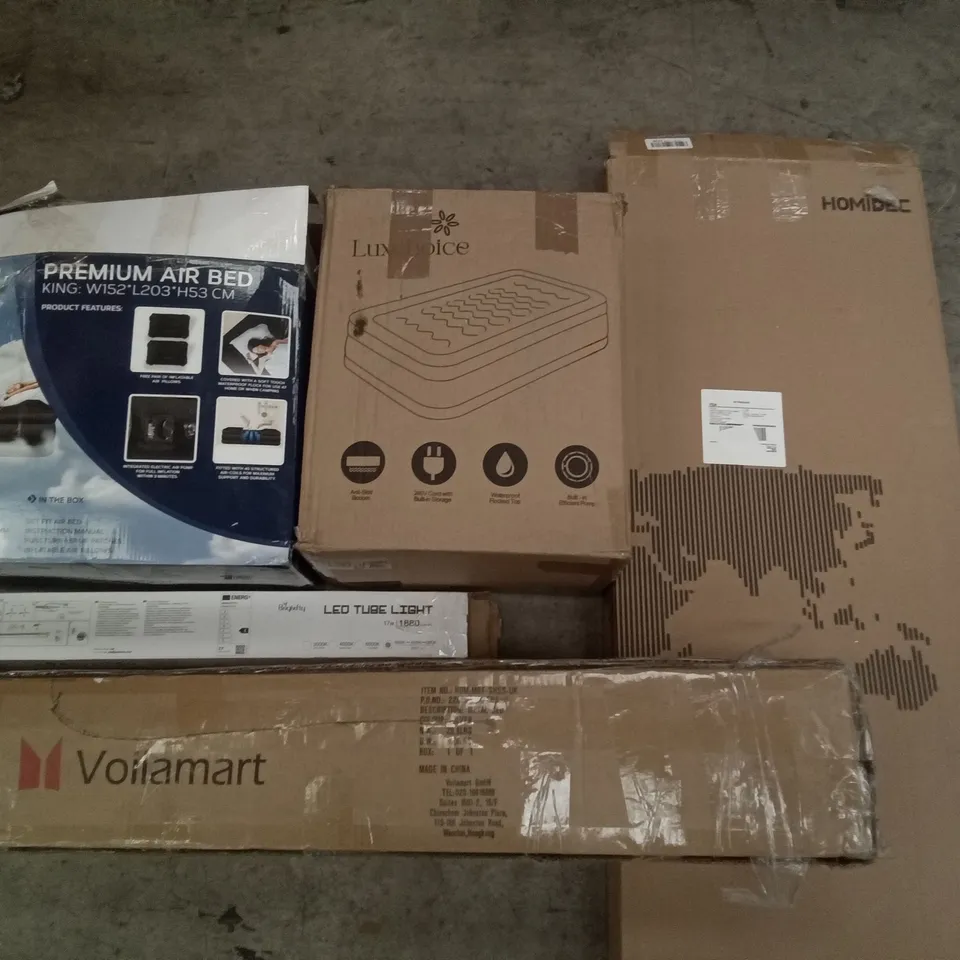 PALLET OF ASSORTED ITEMS INCLUDING HOMIDEC FOLDOUT CHAIR, VOILAMART METAL BED, GETFIT PREMIUM KING AIR BED, LED TUBE LIGHT, LUXCHOICE AIR BED