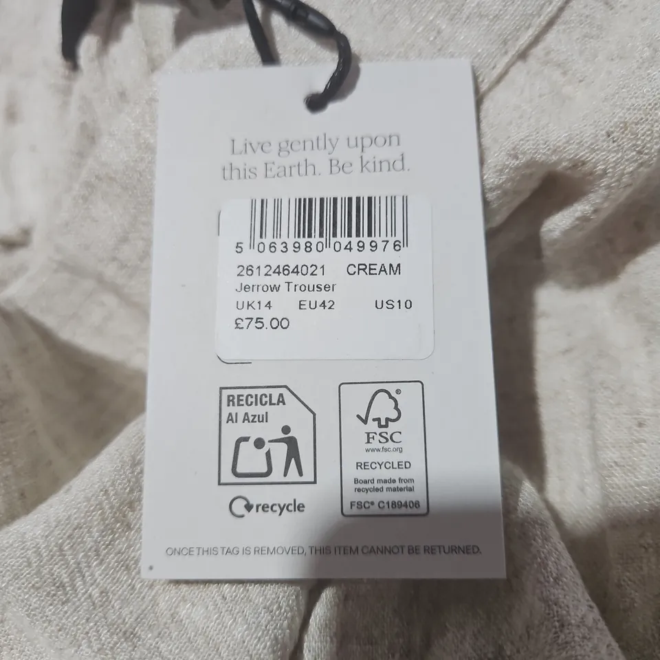 NOBODYS CHILD JERROW TROUSERS IN CREAM - UK 14