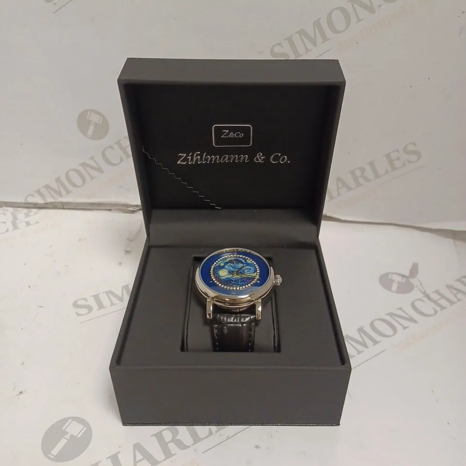 MENS ZIHLMANN & CO AUTOMATIC WATCH – Z150 – MOONPHASE DIAL – GLASS EXHIBITION BACKCASE - SILVER COLOUR CASE – BLACK LEATHER STRAP