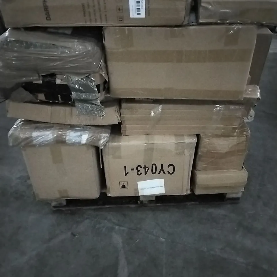 PALLET OF HOUSEHOLD ITEMS TO INCLUDE FILE STORAGE RACK, NIGHT TABLE AND DARPHE TABLE LEGS