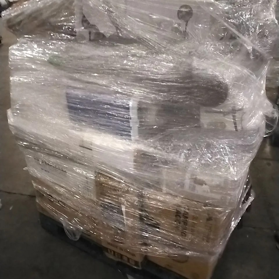 PALLET CONTAINING A LARGE QUANTITY OF ASSORTED HOUSEHOLD GOODS WHICH INCLUDE; CAMPING WAGON, PARASOL BASE, FANS, AIRFRYERS, SUITCASE ETC