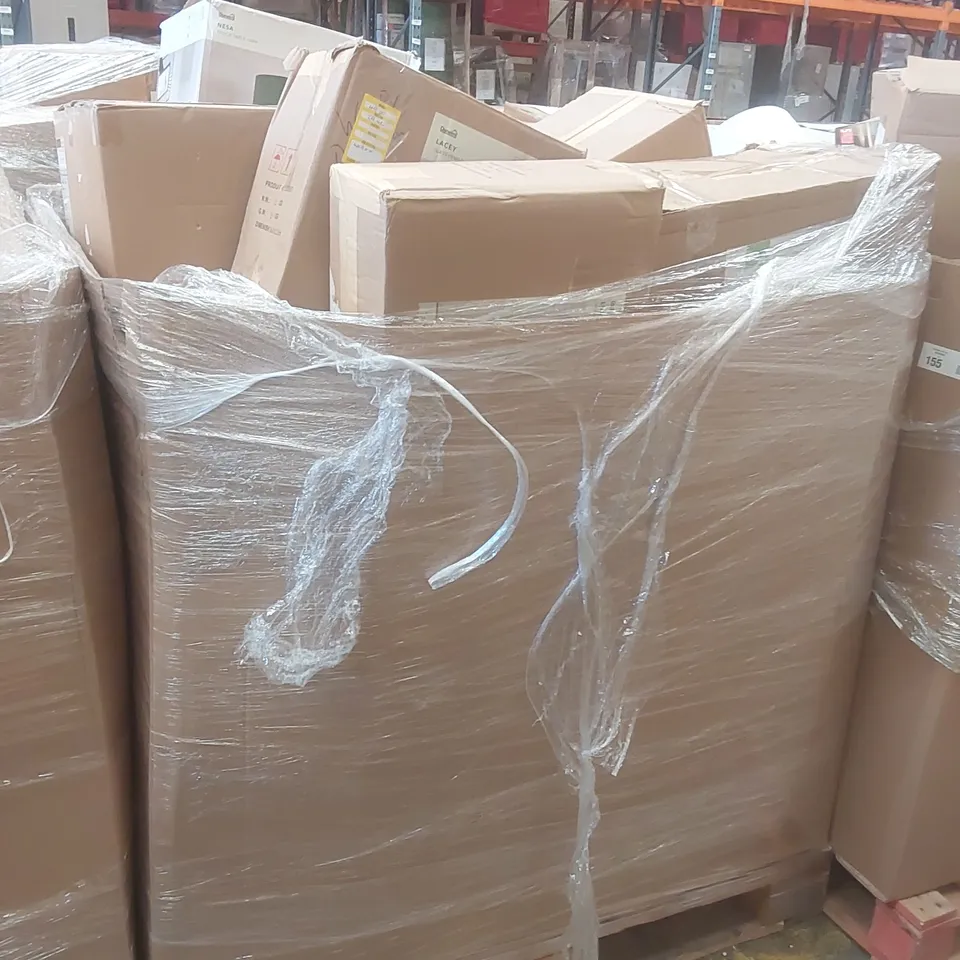 PALLET CONTAINING A VERY LARGE QUANTITY OF ASSORTED DESIGNER LIGHTING PRODUCTS INCLUDING: LUCILLE CEILING LIGHT, PARLA CEILING LIGHT, NESA TABLE LAMP, LACEY GLASS PENDANT ECT