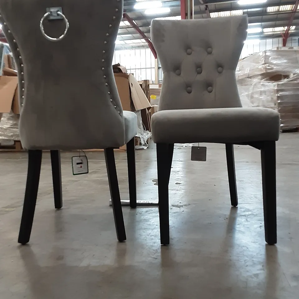 SET OF 4 LIGHT GREY VELVET CHAIRS WITH A STUDDED OUTLINE , ONE CHAIR ONLY HAS 3 LEGS 