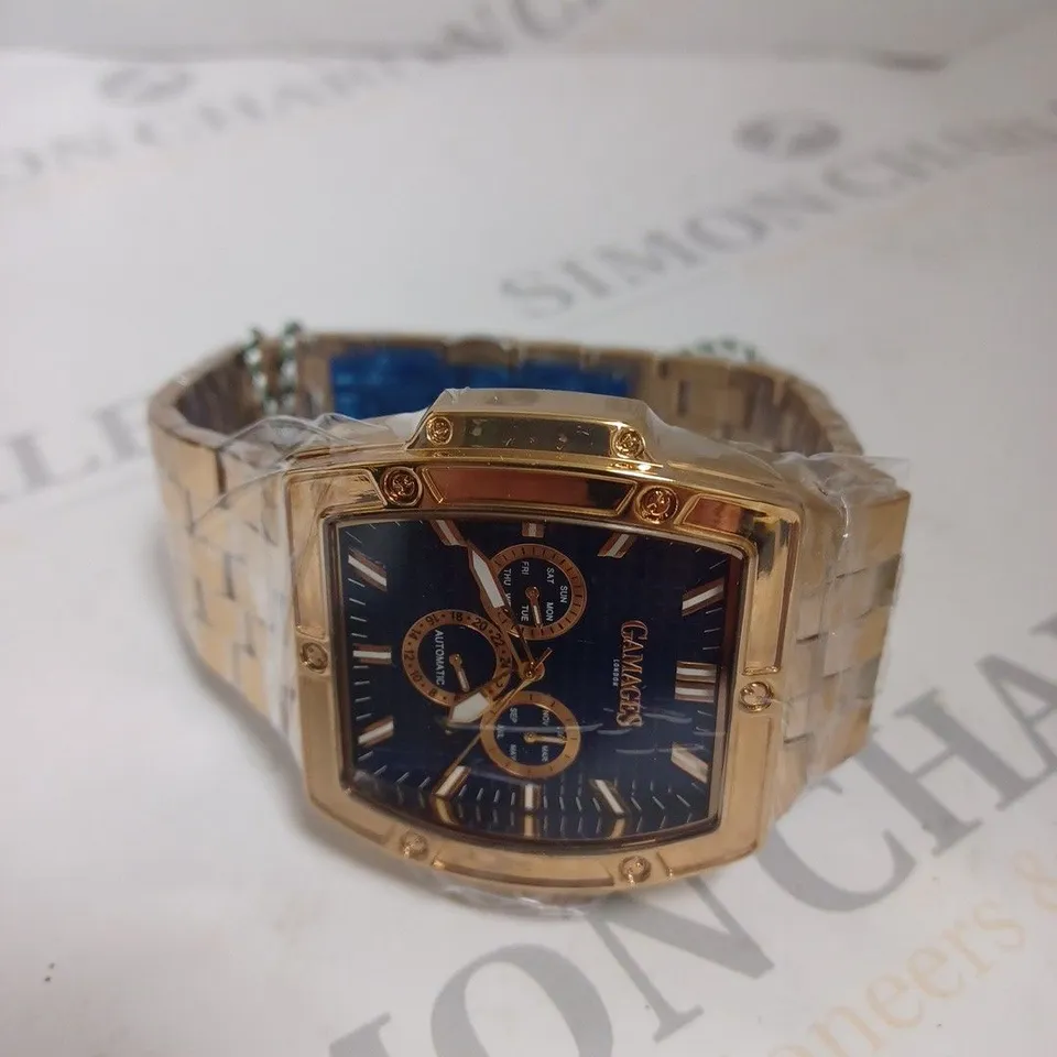 BOXED GAMAGES OF LONDON MAGNITUDE ROSE GOLD BLUE DIAL LINK STRAP WATCH 