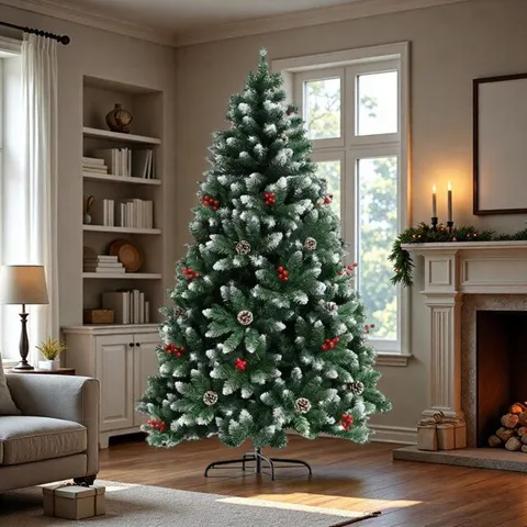 BOXED 180CM ARTIFICIAL HINGED CHRISTMAS TREE WITH PINE CONES AND RED BERRIES