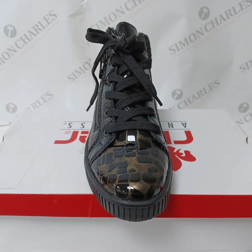 RIEKER TRAINER BOOT SIDE ZIP BLACK PATENT MULTI COLOURED - SIZE UK 6