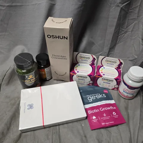 APPROXIMATELY 15 ASSORTED VITAMIN/HEALTH AID PRODUCTS TO INCLUDE OSHUN ELECTROLYTE CONCENTRATE, NUTRITION GEEKS BIOTIN GROWTH+, SHIAJIT GUMMIES, ETC - COLLECTION ONLY