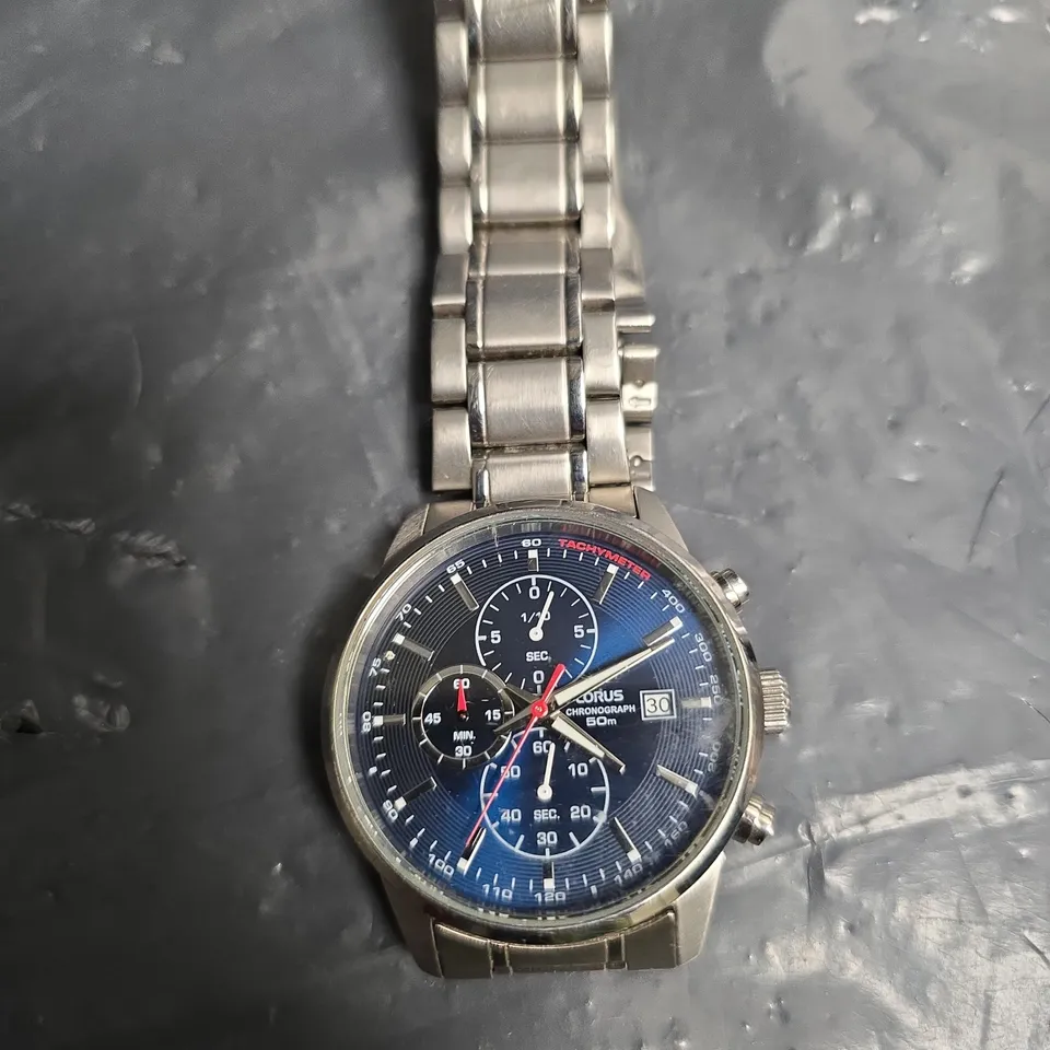 LORUS STAINLESS STEEL CHRONOGRAPH WRISTWATCH WITH BLUE DIAL – 50M WATER RESISTANT 
