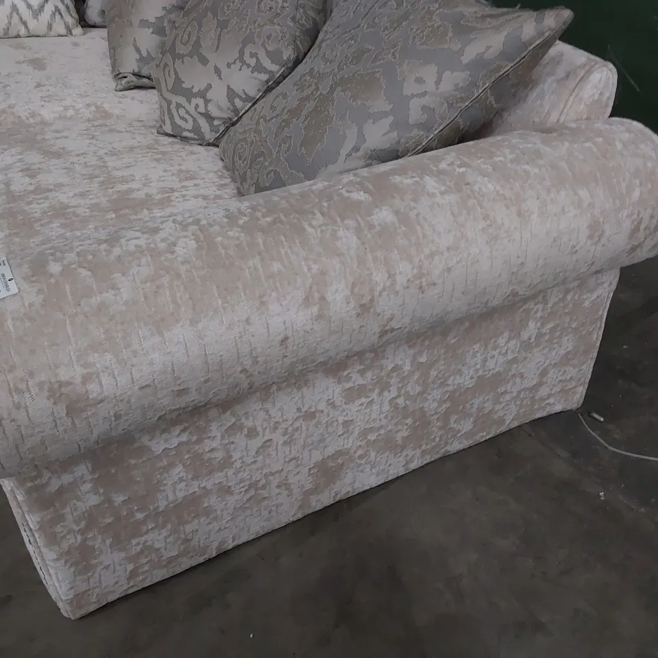 DESIGNER THREE SEATER SCROLL ARM SOFA WITH SCATTER CUSHIONS SILVER FABRIC & STUDDED DETAIL