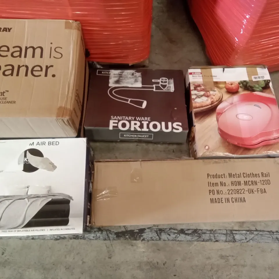 PALLET OF ASSORTED ITEMS INCLUDING DUPRAY STEAM CLEANER, GETFIT PREMIUM KING AIR BED, KITCHEN FAUCET, METAL CLOTHES RAIL, JUDGE NON-STICK PIZZA MAKER, PAINTING BY NUMBERS 