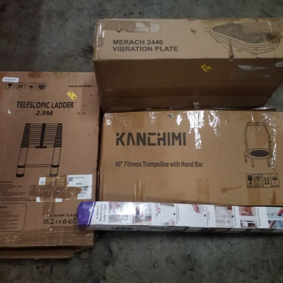 PALLET CONTAINING ASSORTED PRODUCTS INCLUDING TELESCOPIC LADDER 2.9M, VIBRATION PLATE, 40" FITNESS TRAMPOLINE WITH HAND BARS & AUTOLOCK RETRACTABLE SAFETY GATE