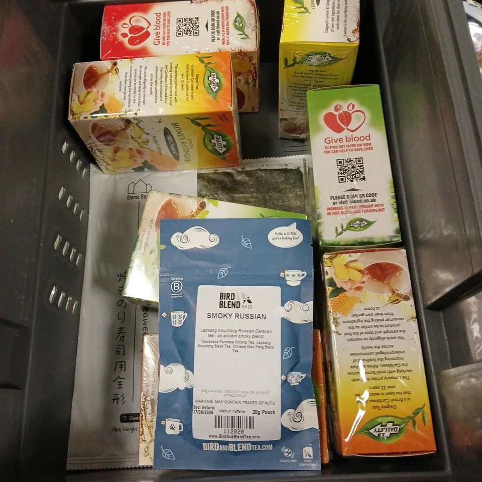 APPROXIMATELY 12 ASSORTED FOOD & DRINK ITEMS TO INCLUDE - BIRD & WILD COFFEE BEANS - HOTEL CHOCOLAT CITY BUNNIES - FOREST FEAST DARK CHOCOLATE SOUR CHERRIES - ETC
