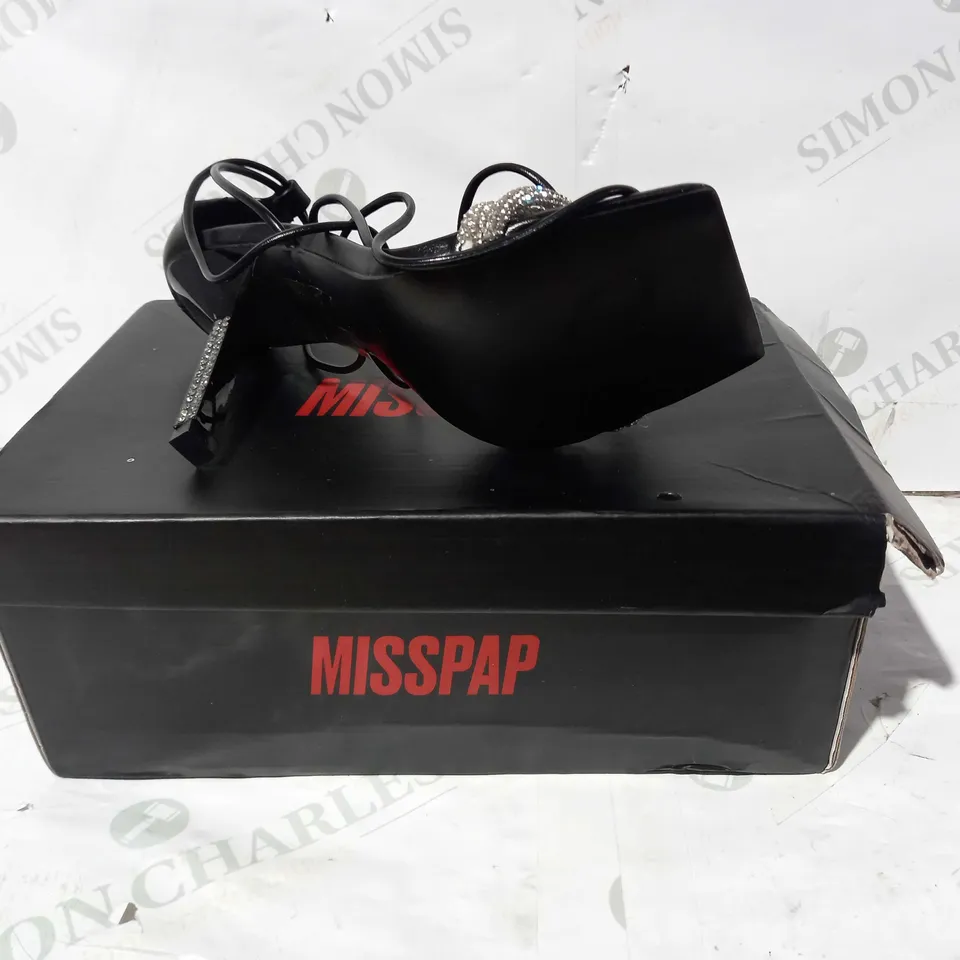 BOXED PAIR OF MISSAP LACE UP DIAMANTE DETAIL HEELS IN BLACK UK SIZE 4