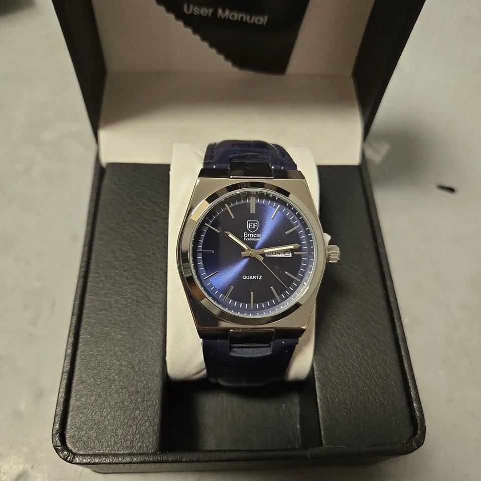 BOXED ERNEST FERDINAND MENS BLUE DIAL LEATHER STRAP WATCH
