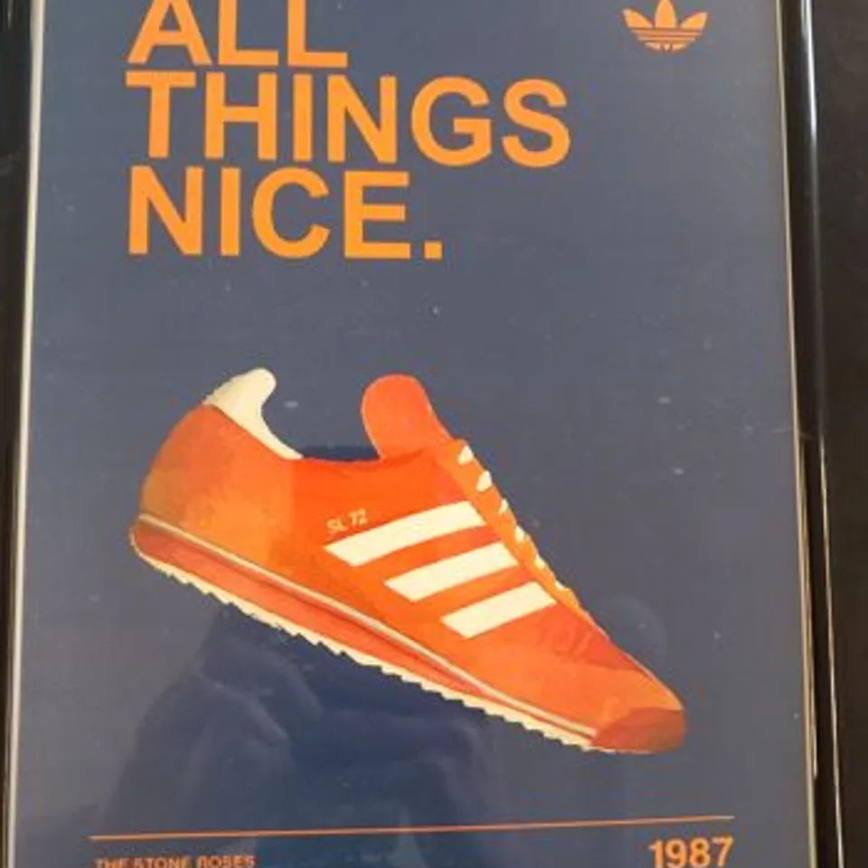 FIVE FRAMED ADIDAS CASUALS/MANCHESTER MUSIC SCENE INSPIRED PRINTS TO INCLUDE BLUE MONDAY/MANCHESTERS, LIVE FOREVER/HAMBURGS AND WONDERWALL/STOCKHOLMS