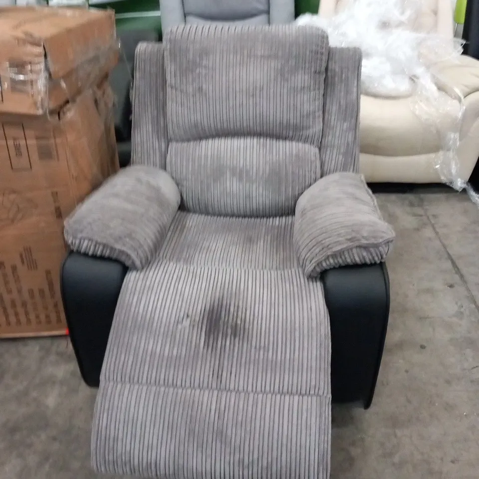 DESIGNER GREY CORDED FABRIC AND BLACK FAUX LEATHER RECLINING ARMCHAIR