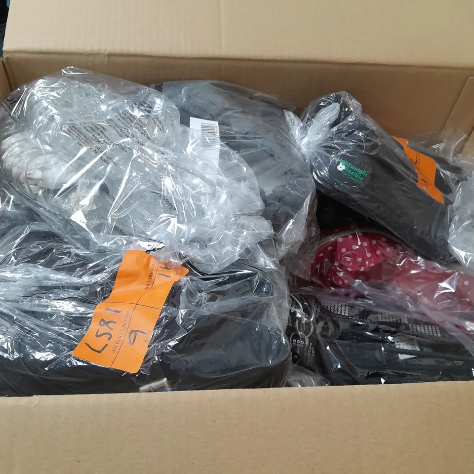 BOX OF APPROXIMATELY 10 ASSORTED WOMENS SHOES IN VARIOUS COLOURS, STYLES AND SIZES