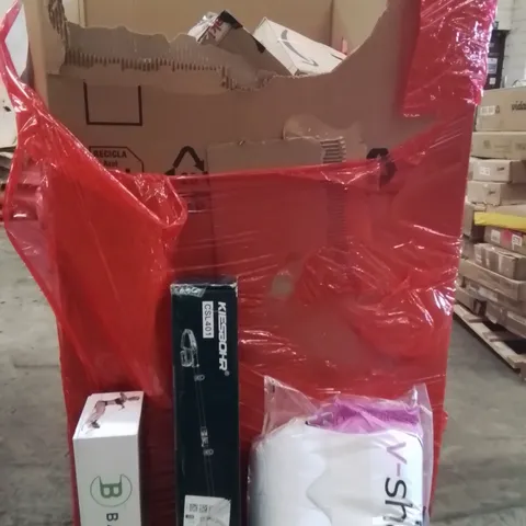PALLET OF ASSORTED HOUSEHOLD GOODS AND PRODUCTS TO INCLUDE;HEDGE TRIMMER,PILLOWS,RESISTANCE BANDS