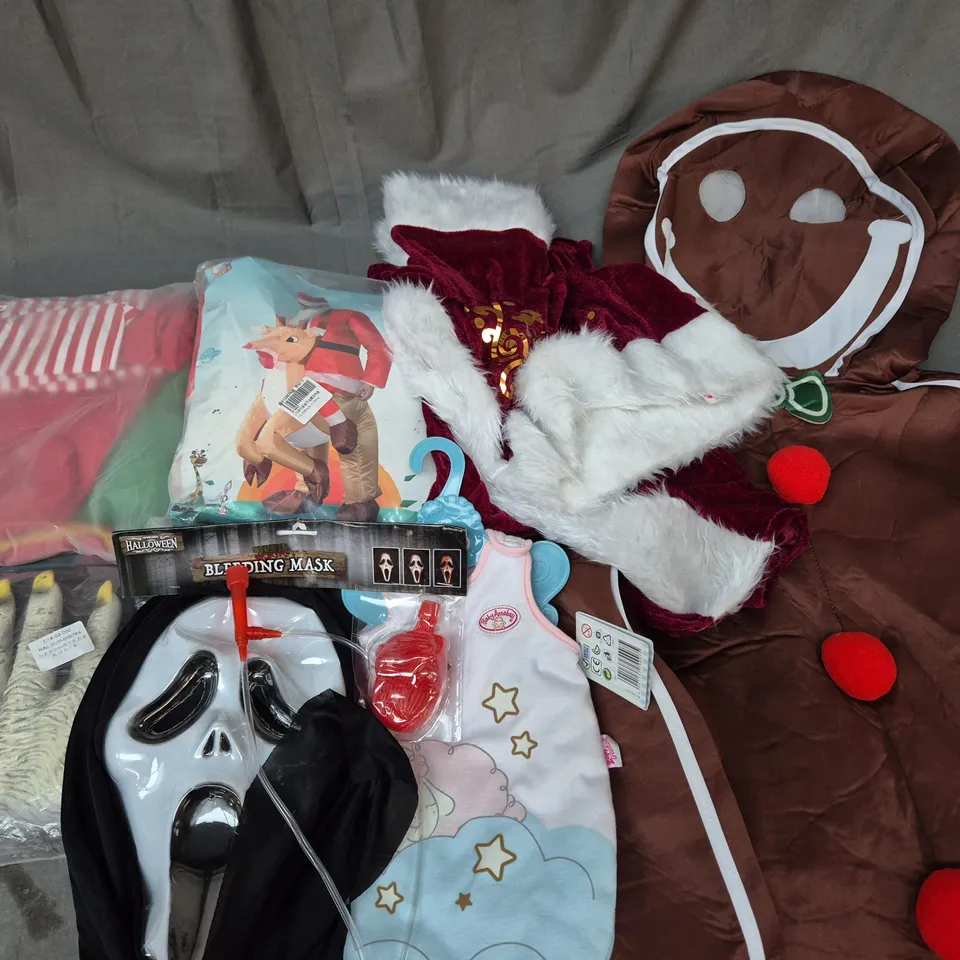 LOT OF ASSORTED FANCY DRESS ITEMS TO INCLUDE BLEEDING MASK, GINGERBREAD ONSIE AND SANTA COSTUMES