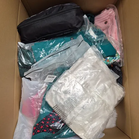 LARGE BOX OF ASSORTED CLOTHING ITEMS IN VARIOUS SIZES, STYLES AND COLOUR 