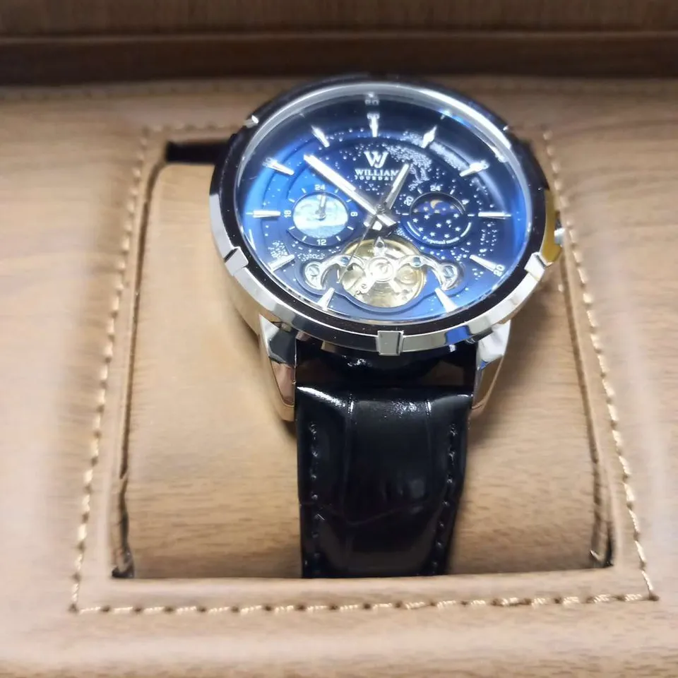 MENS WILLIAM JOURDAIN AUTOMATIC 2580 WATCH – OPEN HEART MOVEMENT WITH SUB DIALS – GLASS EXHIBITION BACK CASE – BLACK GENUINE LEATHER STRAP