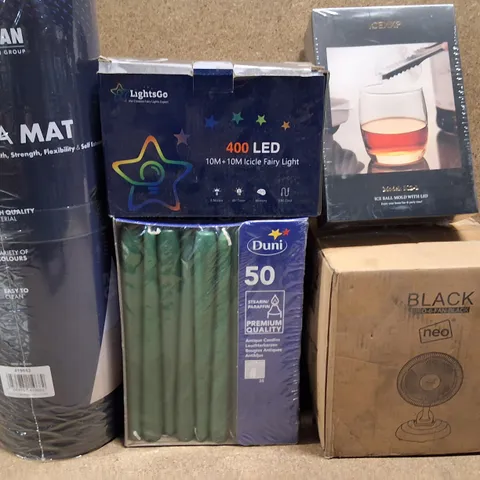 LOT OF 5 ASSORTED HOUSEHOLD ITEMS TO INCLUDE 50-PACK OF CANDLES, YOGA MAT AND ICICLE FAIRY LIGHTS
