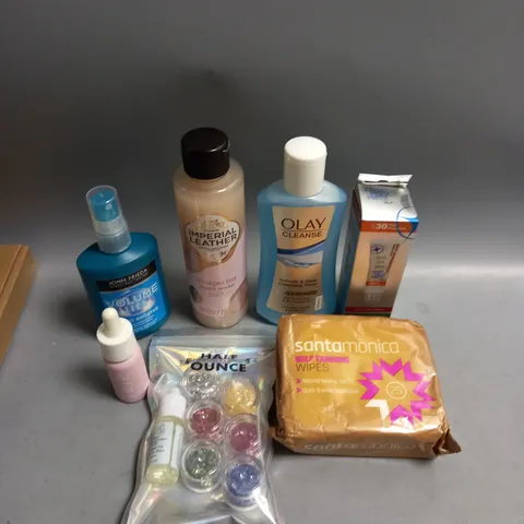 BOX OF APPROXIMATELY 20 COSMETIC ITEMS TO INCLUDE - IMPERIAL LEATHER BODY WASH - OLAY TONER - SANTAMONICA TANNING WIPES - ETC 