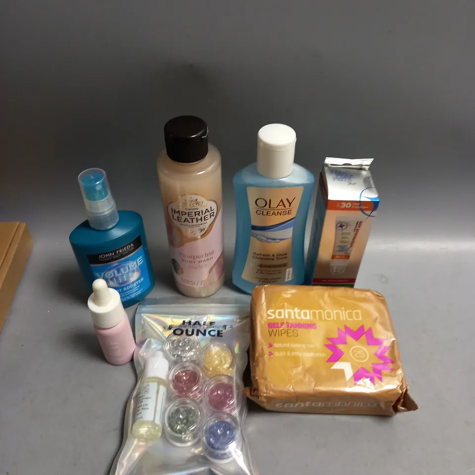 BOX OF APPROXIMATELY 20 COSMETIC ITEMS TO INCLUDE - IMPERIAL LEATHER BODY WASH - OLAY TONER - SANTAMONICA TANNING WIPES - ETC