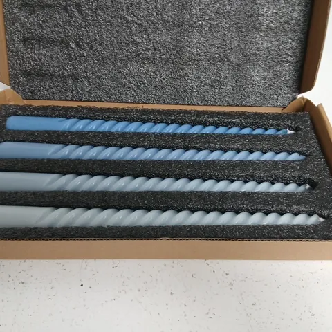 PACK OF 4 BLUE TWISTED TAPER CANDLES – BOXED WITH FOAM INSERT