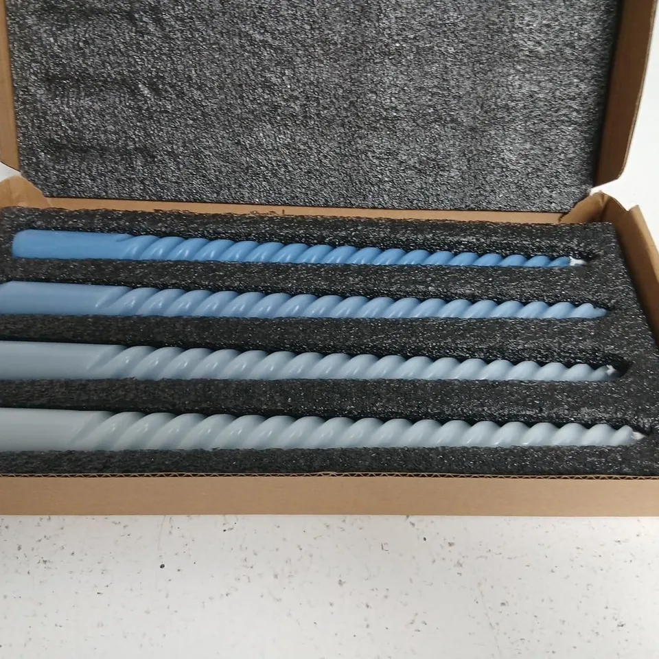 PACK OF 4 BLUE TWISTED TAPER CANDLES – BOXED WITH FOAM INSERT