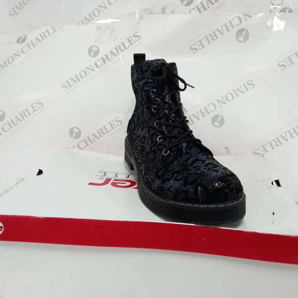 BOXED RIEKER LACE UP BOOTS, DARK FLORAL - SIZE 7.5