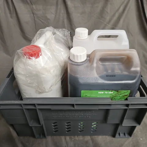 TOTE OF ASSORTED 3 LIQUIDS TOO INCLUDE SEAWEED FERTILIZER , OIL AND DRIVE CLEANER , MOSS KILLER - COLLECTION ONLY
