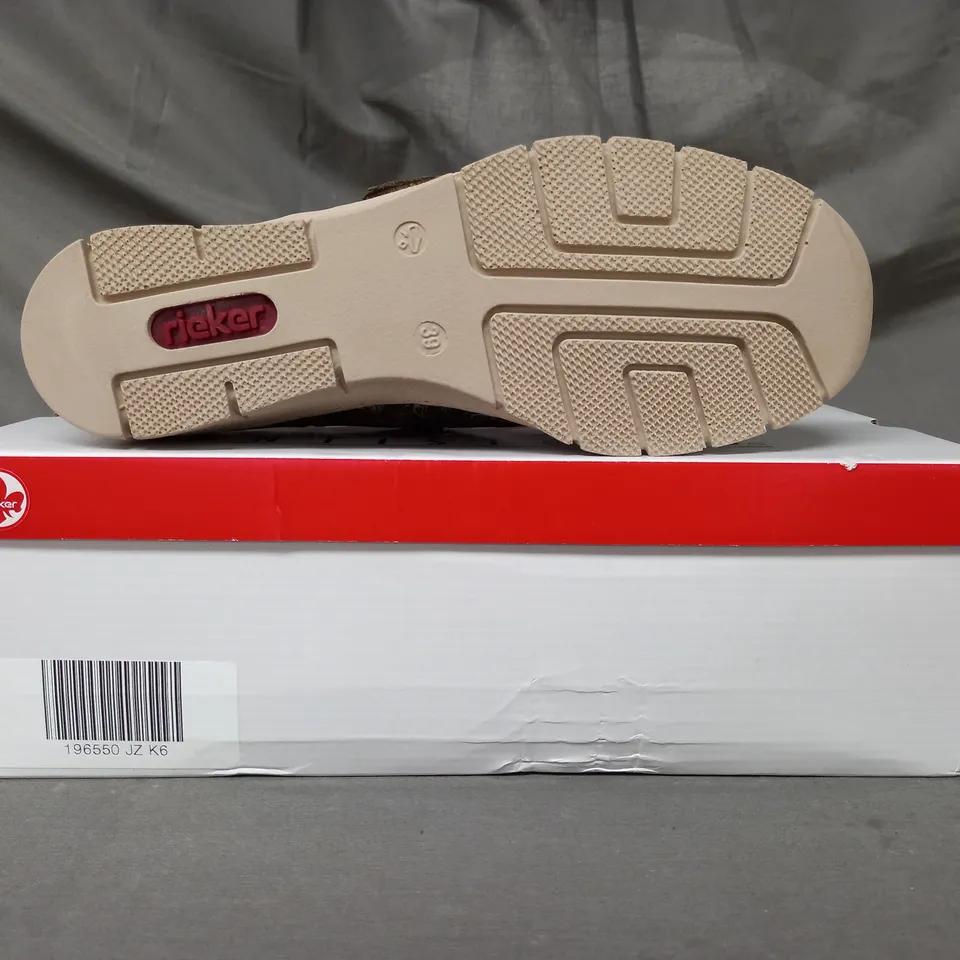 BOXED PAIR OF RIEKER SLIP-ON SHOES IN KHAKI SIZE 6