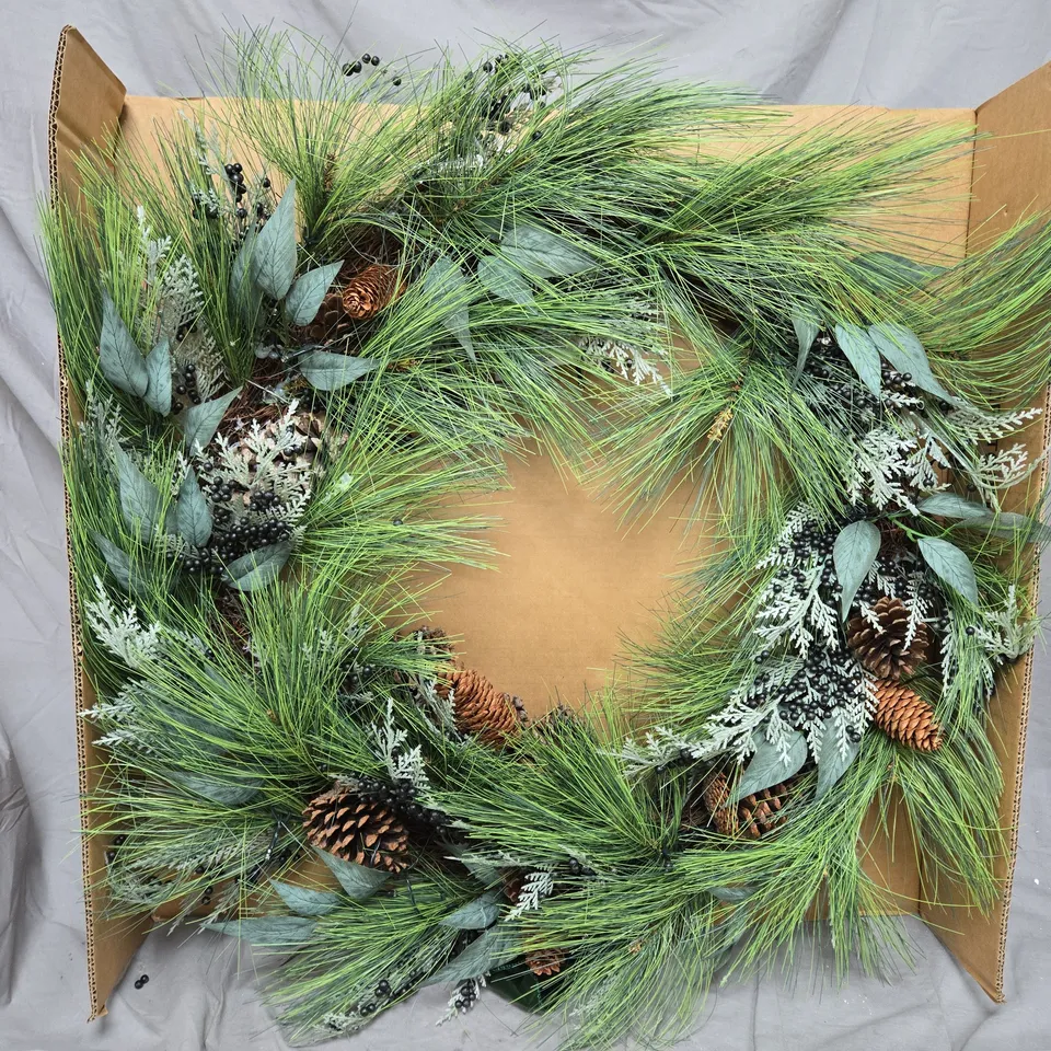 BOXED PRE LIT CHRISTMAS WREATH WITH GREEN BERRIES AND PINECONES - 90 CM