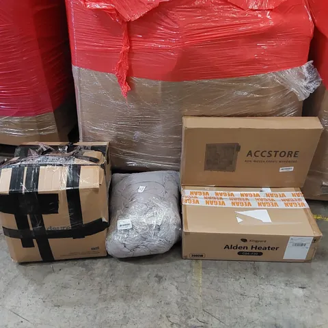 PALLET OF ASSORTED ITEMS INCLUDING: ALDEN HEATER, BEDDING, FABRIC WARDROBE ECT
