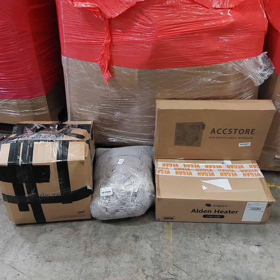 PALLET OF ASSORTED ITEMS INCLUDING: ALDEN HEATER, BEDDING, FABRIC WARDROBE ECT