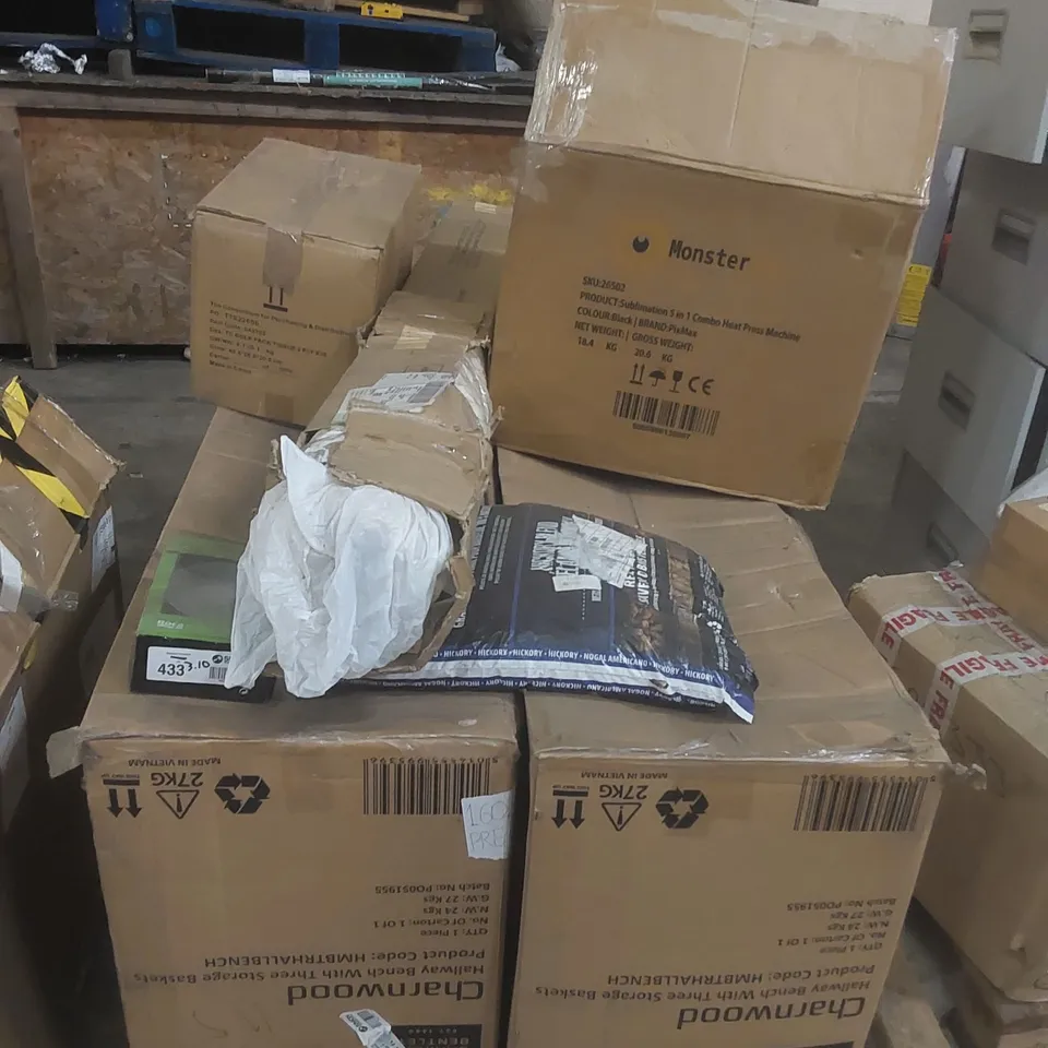 PALLET CONTAINING A LARGE QUANTITY OF ASSORTED ITEMS INCLUDING: CHARLES BENTLEY CHARNWOOD STORAGE HALLWAY BENCHES, MONSTER COMBO HEAT PRESS MACHINE ECT