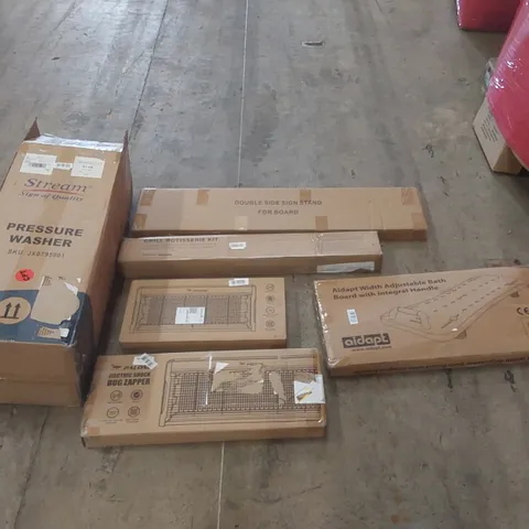 PALLET OF ASSORTED ITEMS INCLUDING: PRESSURE WASHER, ELECTRIC BUG ZAPPERS, DOUBLE SIDE SIGN STAND, GRILL ROTISSERIE KIT, ADJUSTABLE BATH BOARD ECT