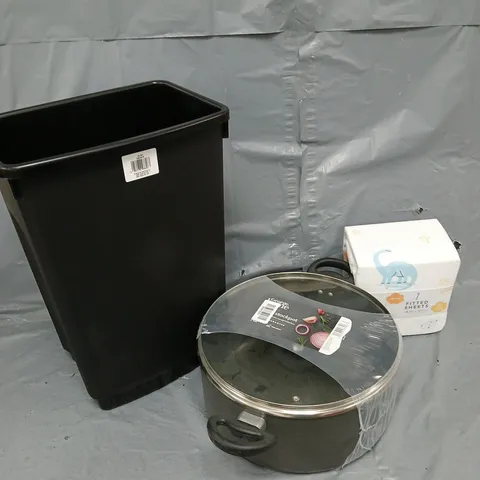 APPROXIMATELY 8 ASSORTED ITEMS TO INCLUDE PLASTIC BIN, STOCKPOT, BEDDING, ETC