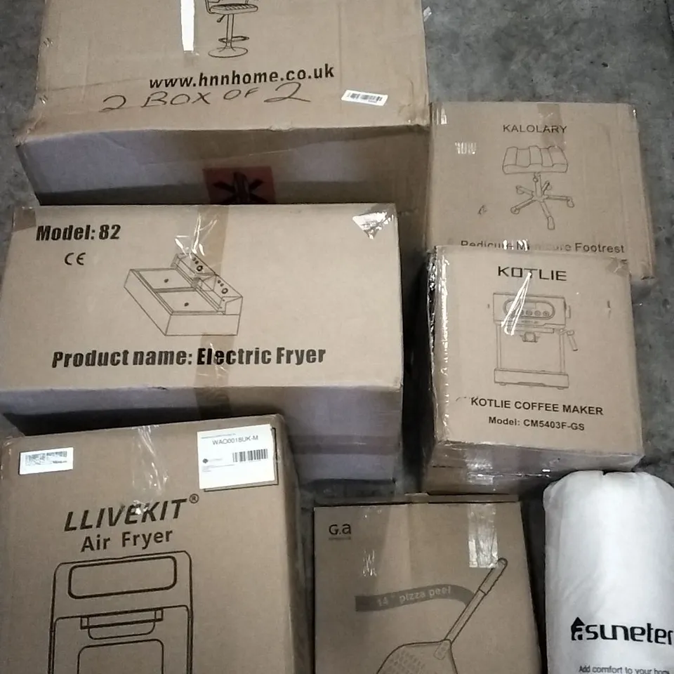 PALLET OF UNPROCESSED ITEMS TO INCLUDE KOTLIE COFFEE MACHINE, MADICURE FOOTREST, AND LLIVEKIT AIR FRYER