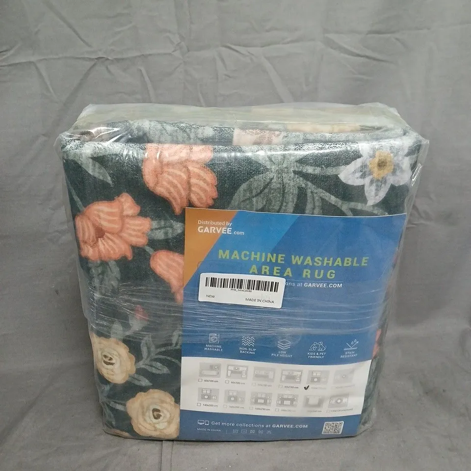 MACHINE WASHABLE FLORAL AREA RUG – DARK BLUE WITH PINK & CREAM FLOWERS 