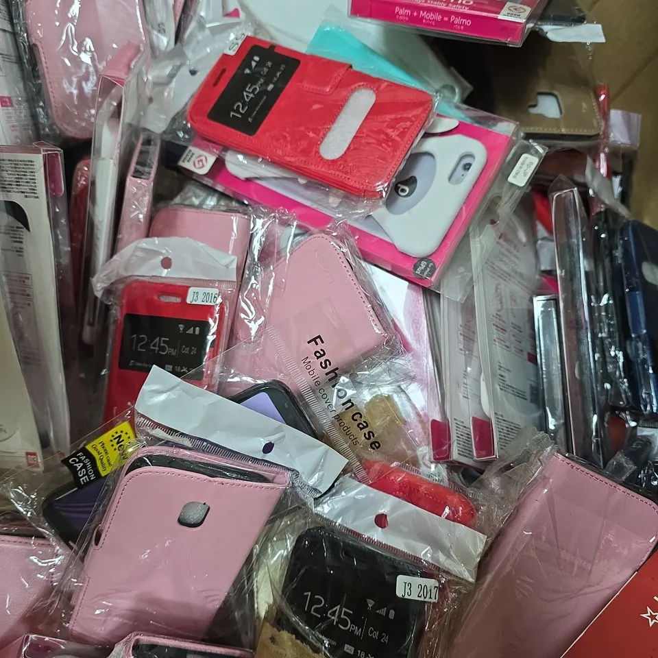 BOX TO INCLUDE LARGE ASSORTMENT OF PHONE CASES AND COVERS IN VARIOUS COLOURS AND STYLES - MAKES AND MODELS VARY - COLLECTION ONLY