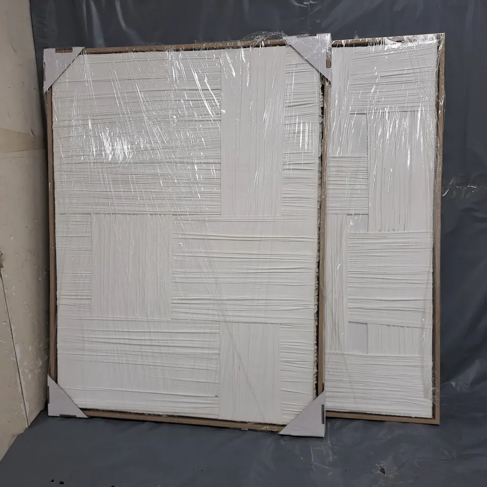 WHITE WOVEN FABRIC FRAMED CANVAS WALL ART (SET OF 2) - COLLECTION ONLY