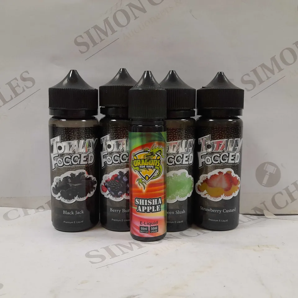 BOX OF APPROX 5 ASSORTED E LIQUIDS TO INCLUDE - TOTALLY FOGGED GREEN SLUSH - TOTALLY FOGGED BLACK JACK - TOTALLY FOGGED BERRY BURST ECT