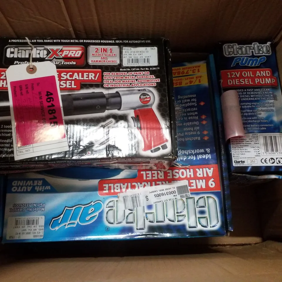BOX CONTAINING ASSORTED PRODUCTS INCLUDING 2IN1 NEEDLE SCALER/HAMMER CHISEL, 9 METRE RETRACTABLE AIR HOSE REEL & 12V OIL AND DIESEL PUMP 