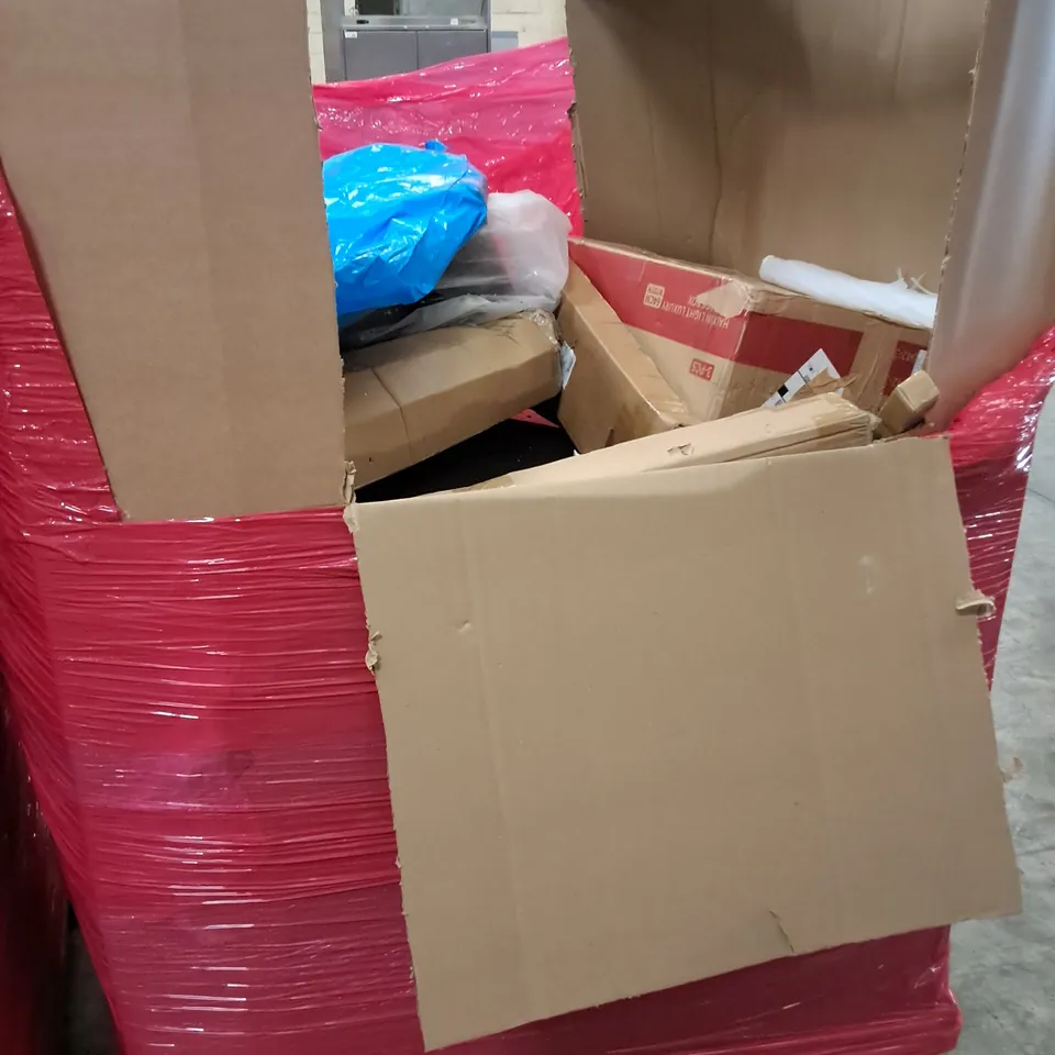 PALLET OF ASSORTED HOUSEHOLD ITEMS TO INCLUDE OVERMONT FOLDING CHAIR, R/C EXCAVATOR AND TOILET SEAT