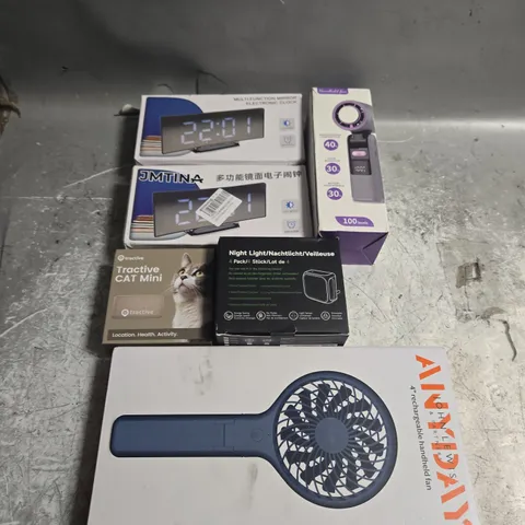 TOTE OF ASSORTED ITEMS TO INCLUDE FAN, ALARM CLOCKS AND NIGHT LIGHT